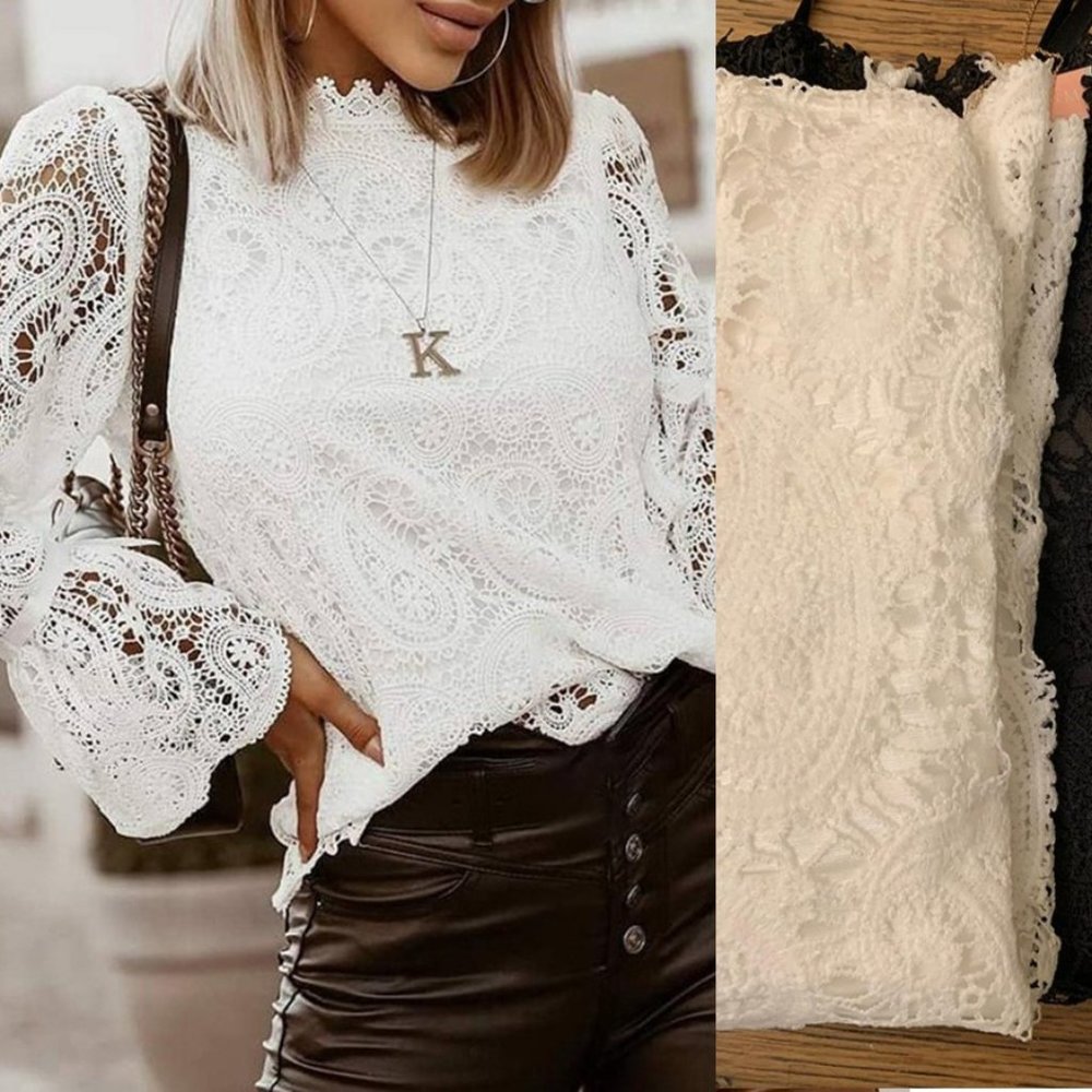 Sheer Lace Mock Neckline Long Sleeve Top - Picture 2 of 5